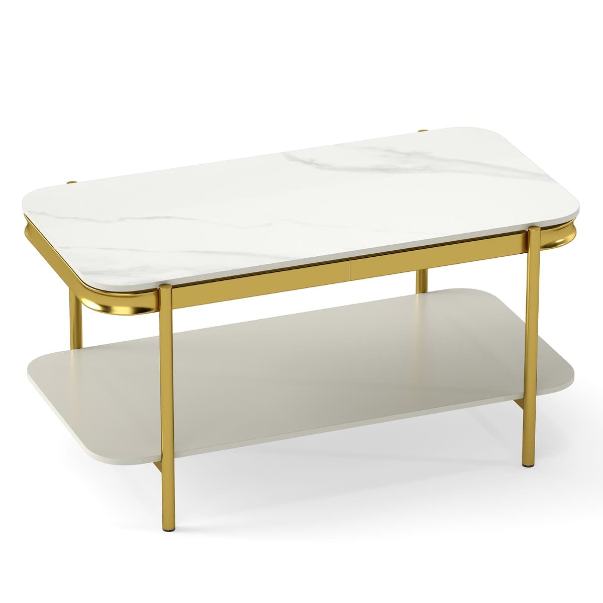 Table Basse Rectangulaire à 2 Niveaux Table d'Appoint en Cadre Métallique Robuste avec Plateau en Pi