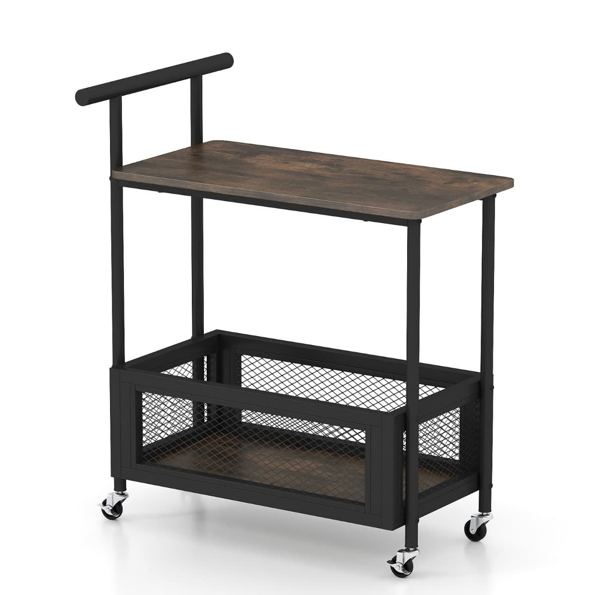 Table d'Appoint Roulante avec Poignée Table Canapé à 2 Niveaux avec Étagère Ouverte&Panier en Maille